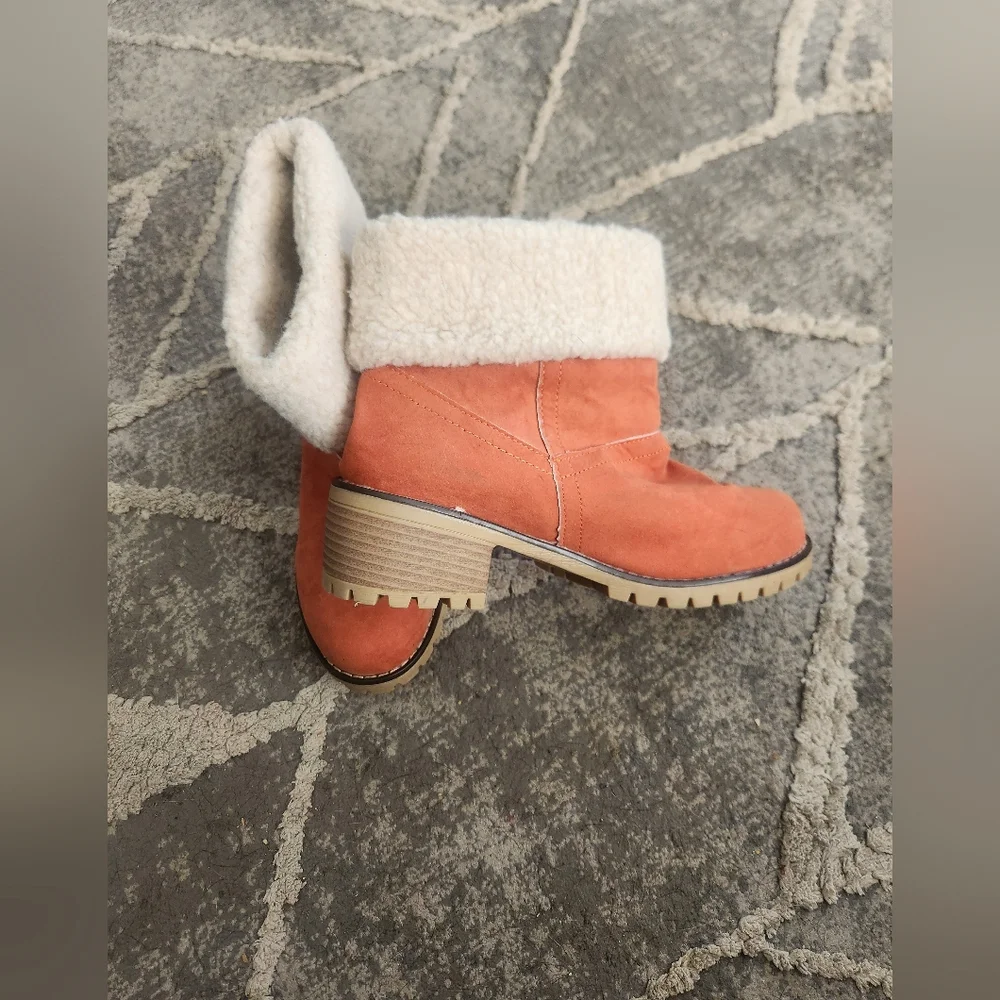 Cozy Orange Suede Ankle Boots with Fuzzy Faux Fur Lining With A Block Heel